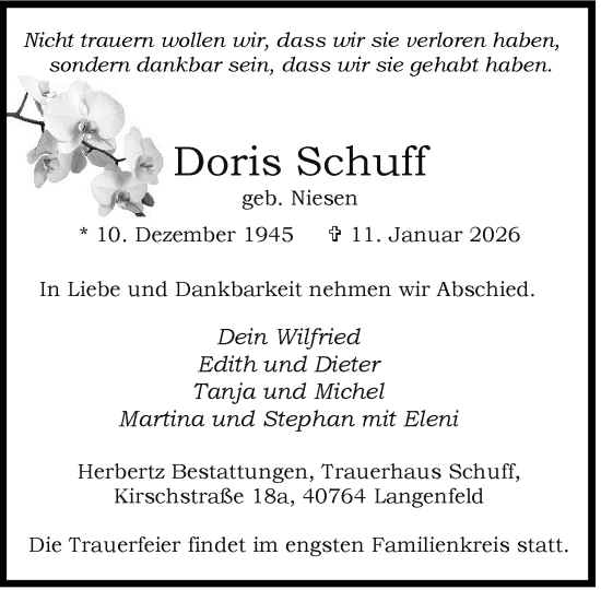 Traueranzeige von Doris Schuff von Rheinische Post