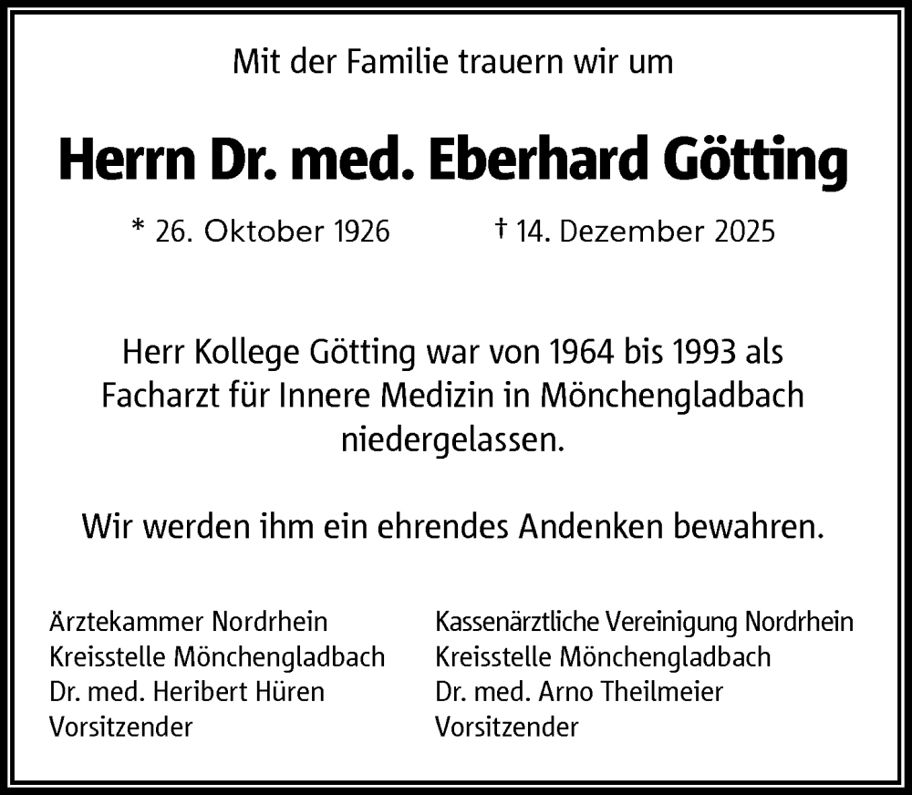  Traueranzeige für Eberhard Götting vom 10.01.2026 aus Rheinische Post
