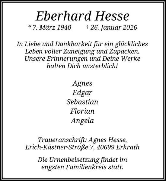 Traueranzeige von Eberhard Hesse von Rheinische Post