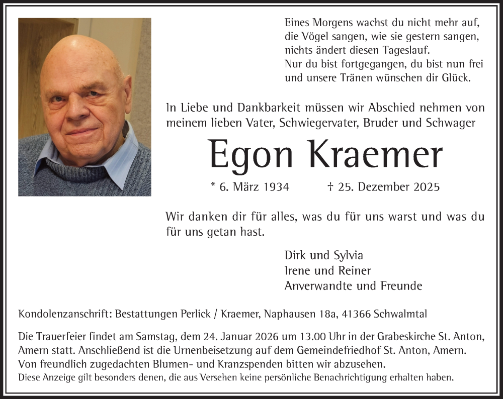  Traueranzeige für Egon Kraemer vom 17.01.2026 aus Rheinische Post