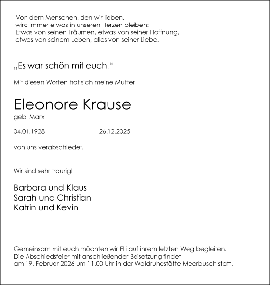 Traueranzeige von Eleonore Krause von Rheinische Post