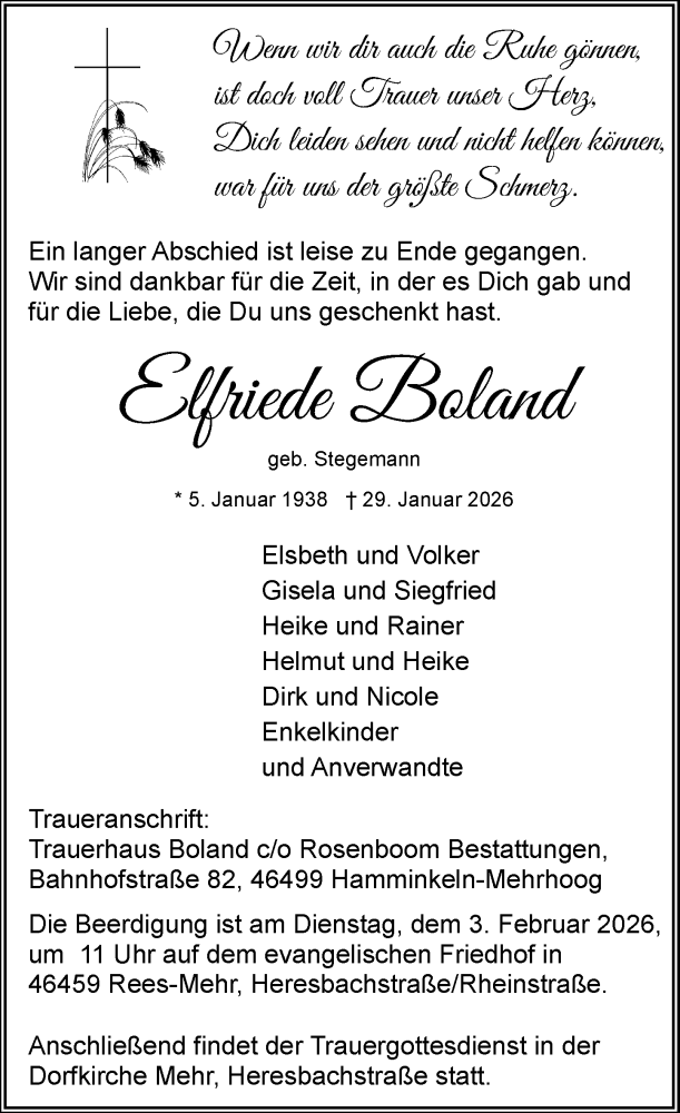  Traueranzeige für Elfriede Boland vom 31.01.2026 aus Rheinische Post