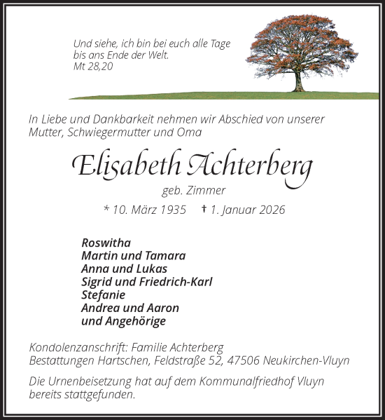 Traueranzeige von Elisabeth Achterberg von Rheinische Post