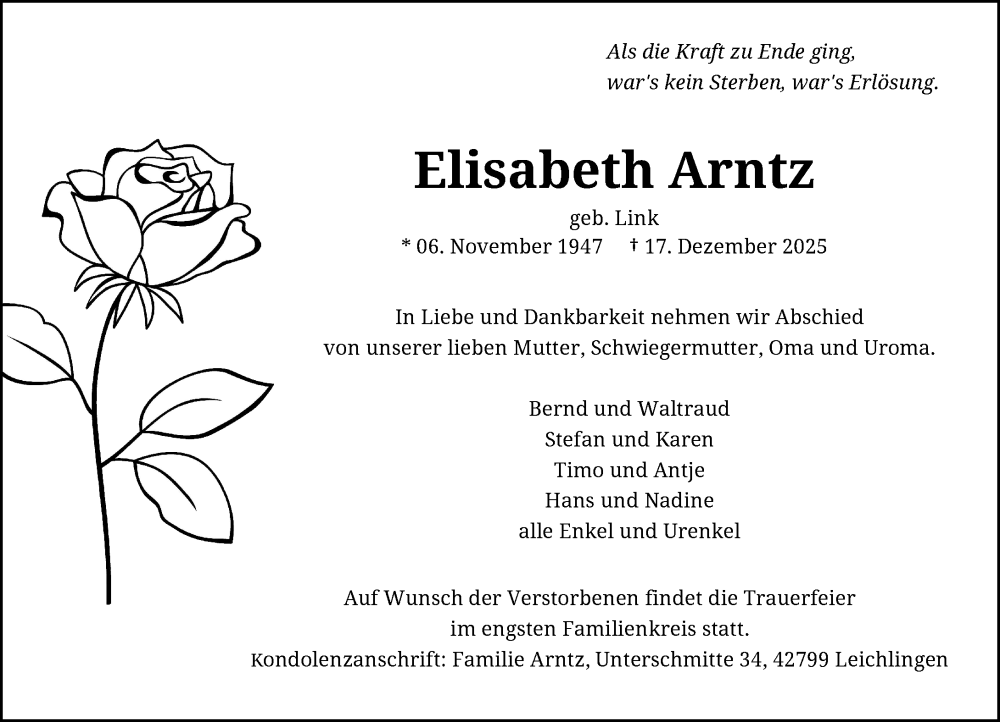  Traueranzeige für Elisabeth Arntz vom 06.02.2026 aus Rheinische Post