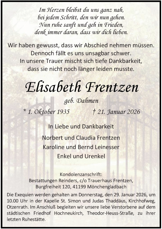Traueranzeige von Elisabeth Frentzen von Rheinische Post