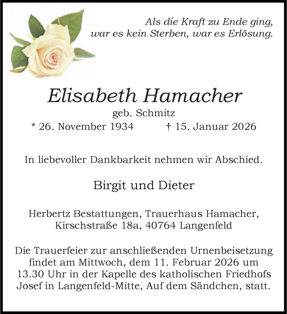  Traueranzeige für Elisabeth Hamacher vom 31.01.2026 aus Rheinische Post