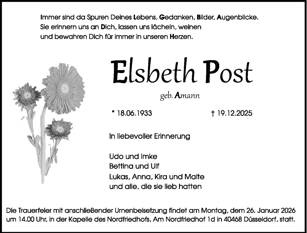  Traueranzeige für Elisabeth Post vom 17.01.2026 aus Rheinische Post