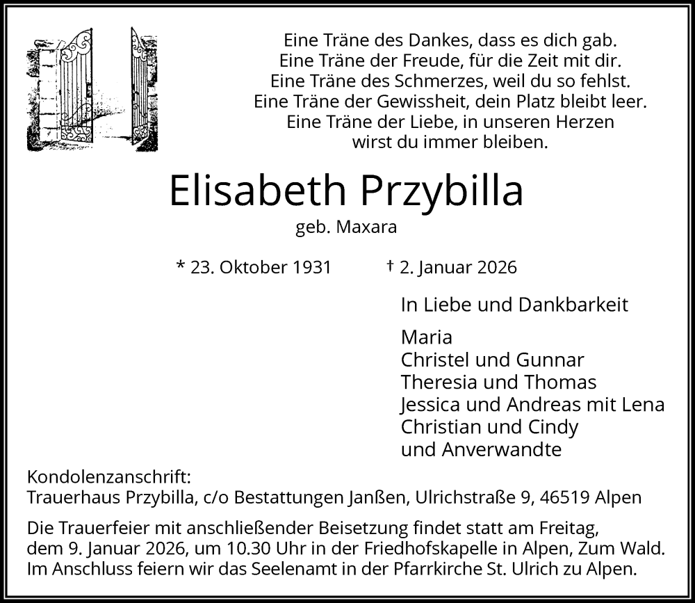  Traueranzeige für Elisabeth Przybilla vom 07.01.2026 aus Rheinische Post