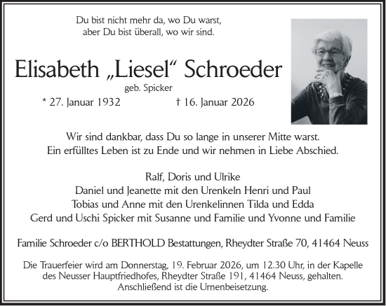 Traueranzeige von Elisabeth Schroeder von Rheinische Post