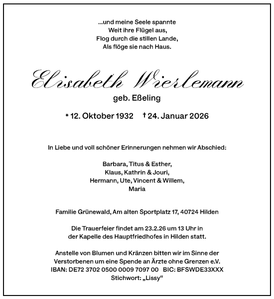 Traueranzeige von Elisabeth Wierlemann von Rheinische Post