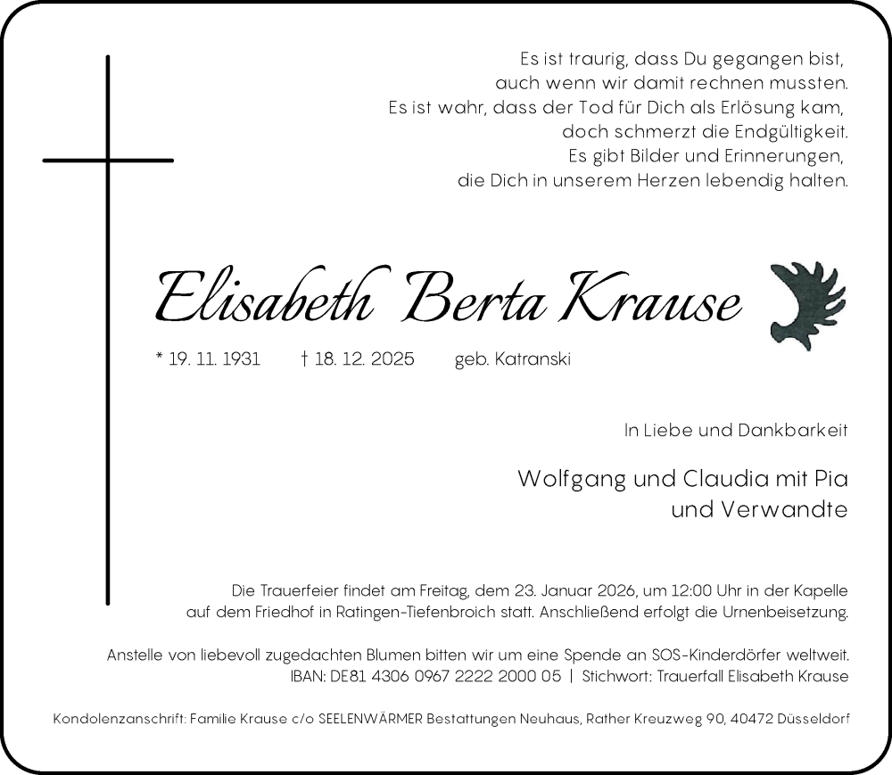  Traueranzeige für Elisabeth Berta Krause vom 21.01.2026 aus Rheinische Post
