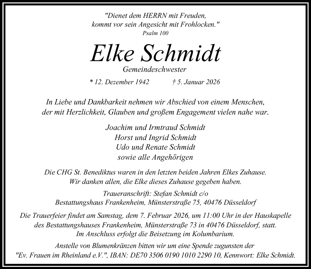  Traueranzeige für Elke Schmidt vom 17.01.2026 aus Rheinische Post