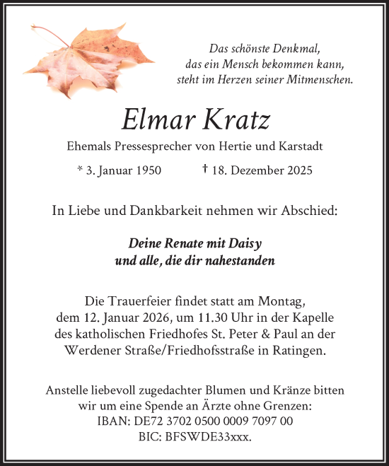 Traueranzeige von Elmar Kratz von Rheinische Post