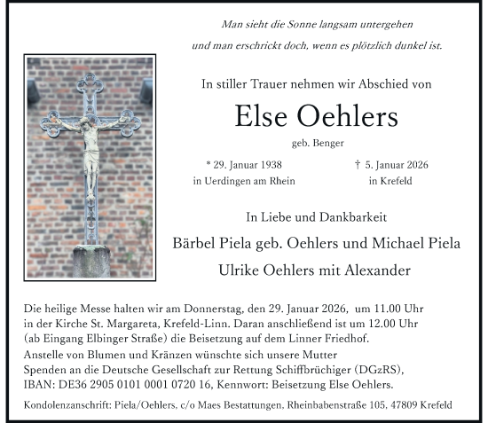Traueranzeige von Else Oehlers von Rheinische Post