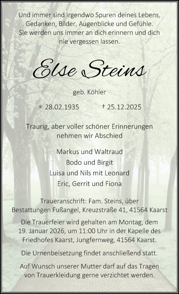  Traueranzeige für Else Steins vom 10.01.2026 aus Rheinische Post