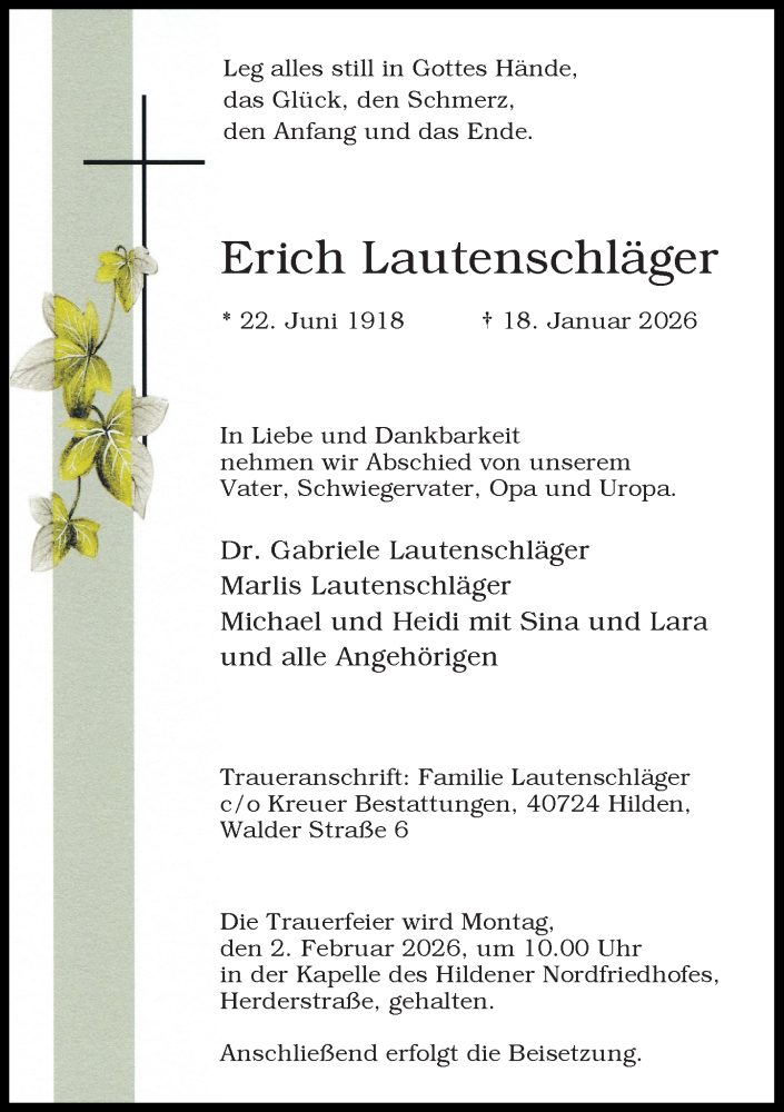  Traueranzeige für Erich Lautenschläger vom 31.01.2026 aus Rheinische Post