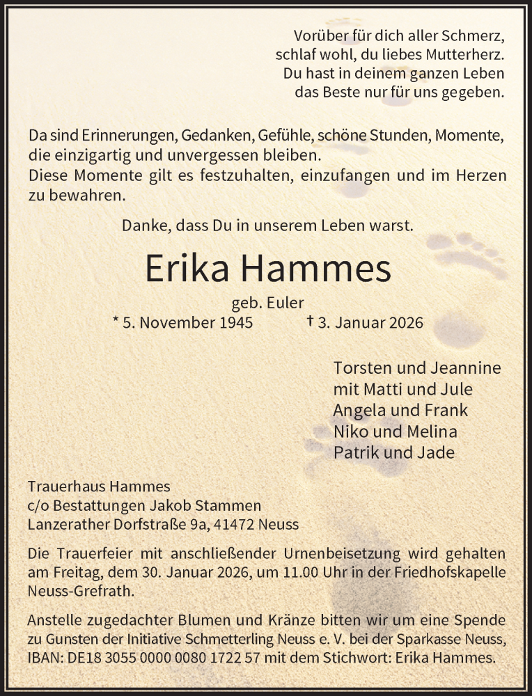  Traueranzeige für Erika Hammes vom 24.01.2026 aus Rheinische Post