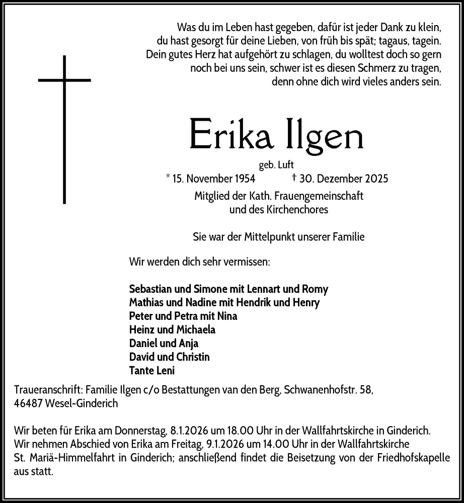 Traueranzeige für Erika Ilgen vom 06.01.2026 aus Rheinische Post