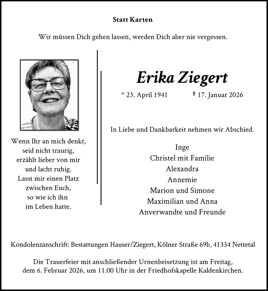  Traueranzeige für Erika Ziegert vom 24.01.2026 aus Rheinische Post