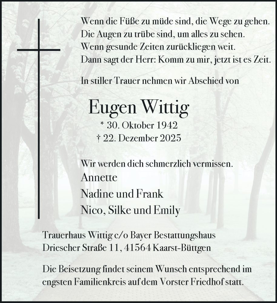  Traueranzeige für Eugen Wittig vom 03.01.2026 aus Rheinische Post