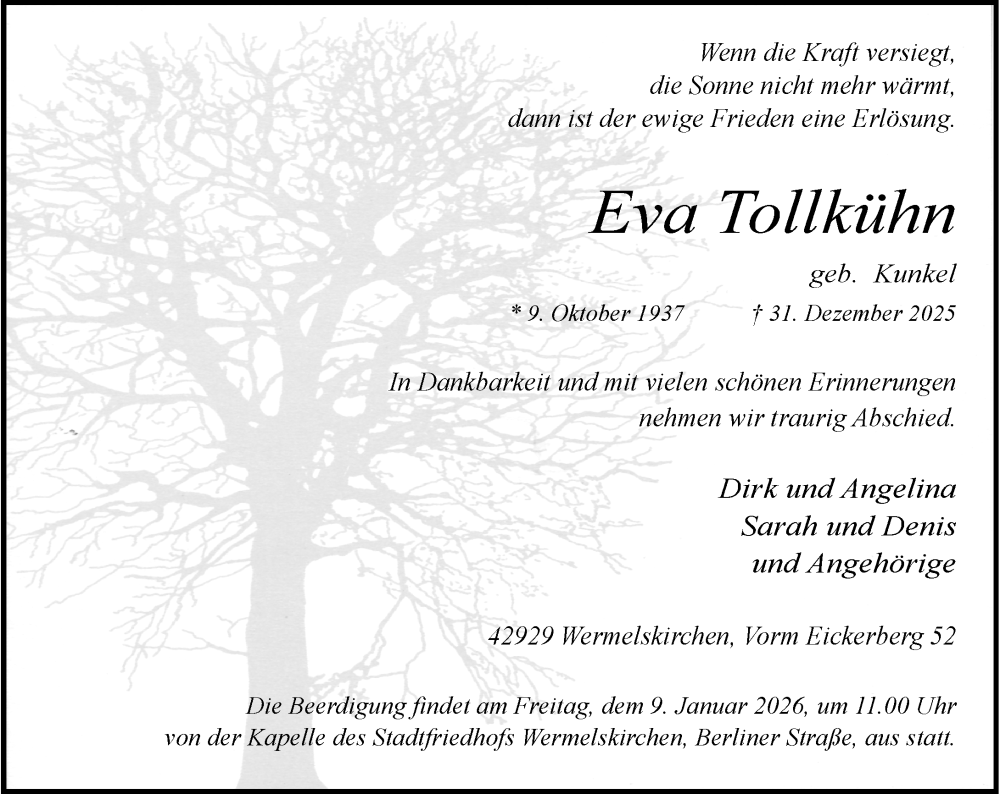  Traueranzeige für Eva Tollkühn vom 06.01.2026 aus Rheinische Post