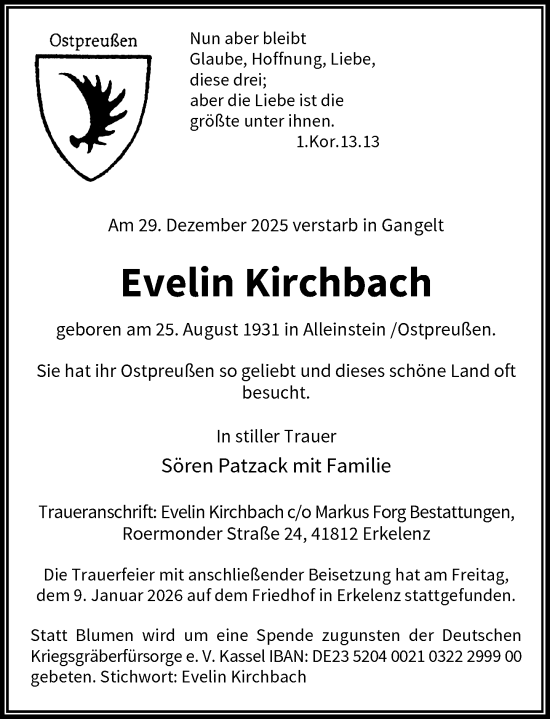 Traueranzeige von Evelin Kirchbach von Rheinische Post