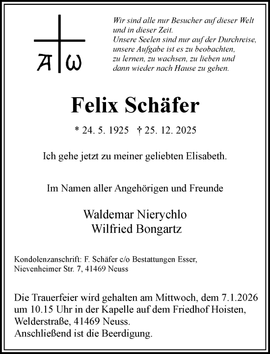 Traueranzeige von Felix Schäfer von Rheinische Post