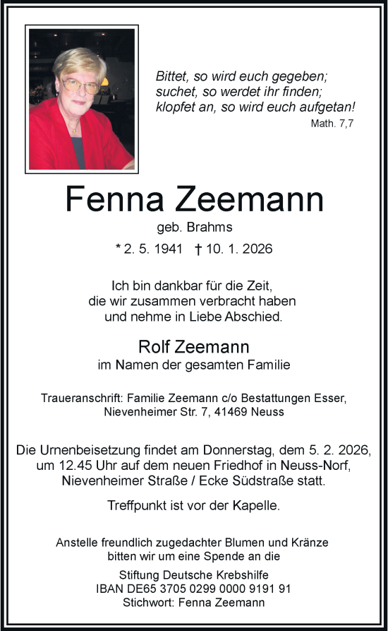 Traueranzeige von Fenna Zeemann von Rheinische Post