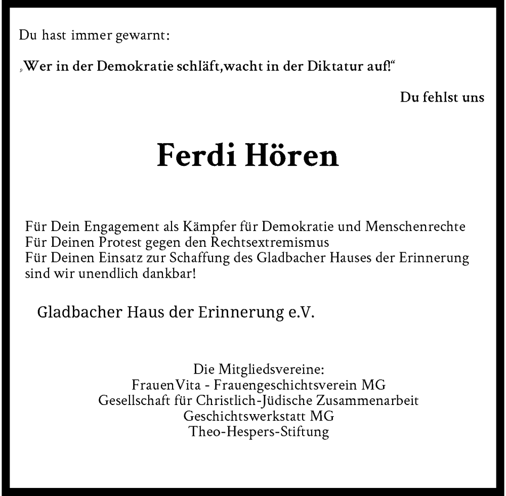 Traueranzeige für Ferdi Hören vom 24.01.2026 aus Rheinische Post
