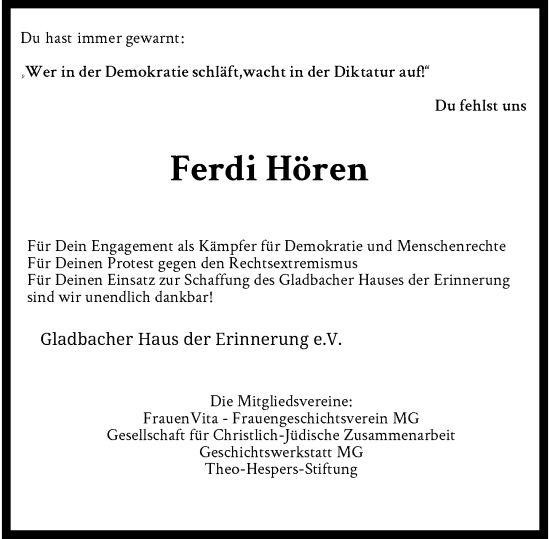 Traueranzeige von Ferdi Hören von Rheinische Post