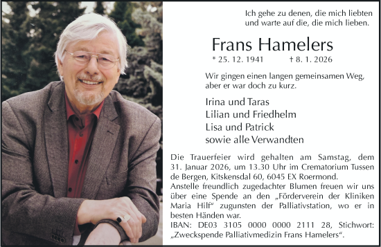 Traueranzeige von Frans Hamelers von Rheinische Post