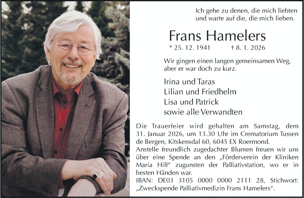  Traueranzeige für Frans Hamelers vom 27.01.2026 aus Rheinische Post