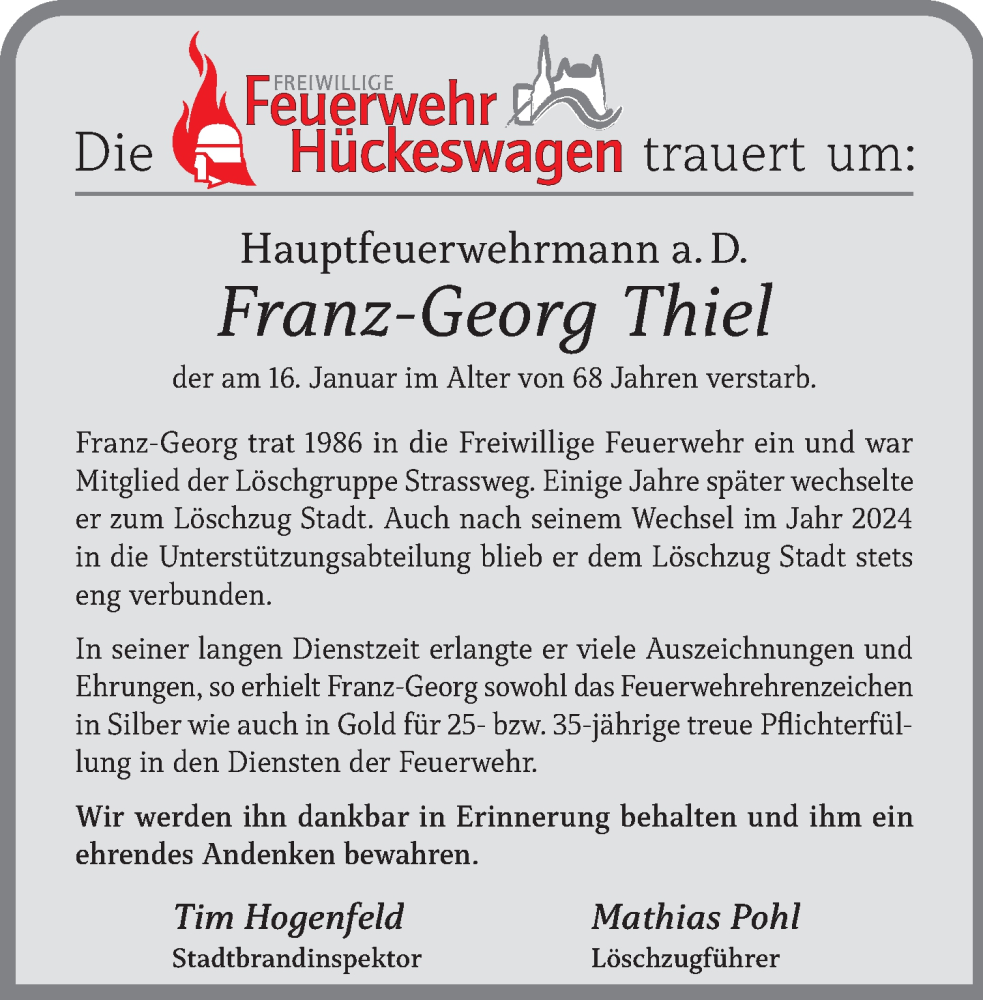  Traueranzeige für Franz-Georg Thiel vom 31.01.2026 aus Rheinische Post