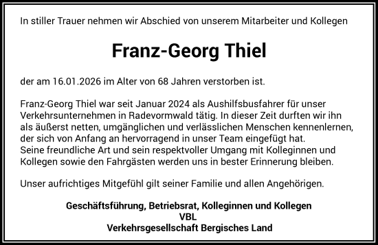 Traueranzeige von Franz-Georg Thiel von Rheinische Post