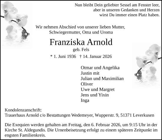 Traueranzeige von Franziska Arnold von Rheinische Post