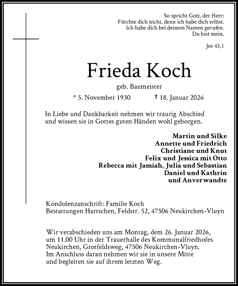  Traueranzeige für Frieda Koch vom 24.01.2026 aus Rheinische Post