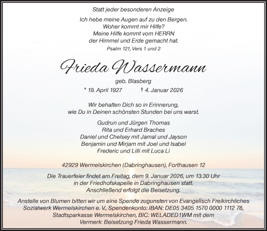 Traueranzeige von Frieda Wassermann von Rheinische Post