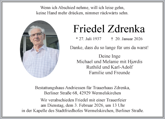 Traueranzeige von Friedel Zdrenka von Rheinische Post