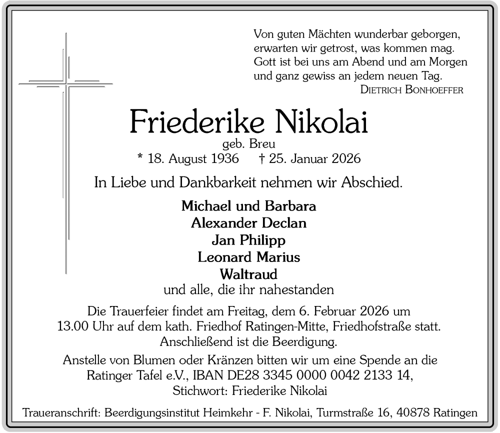  Traueranzeige für Friederike Nikolai vom 02.02.2026 aus Rheinische Post