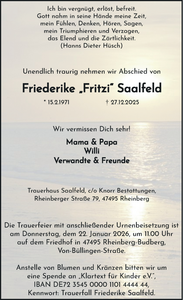  Traueranzeige für Friederike Saalfeld vom 17.01.2026 aus Rheinische Post