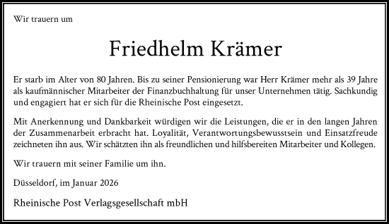 Traueranzeige von Friedhelm Krämer von Rheinische Post