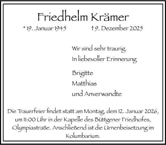Traueranzeige von Friedhelm Krämer von Rheinische Post