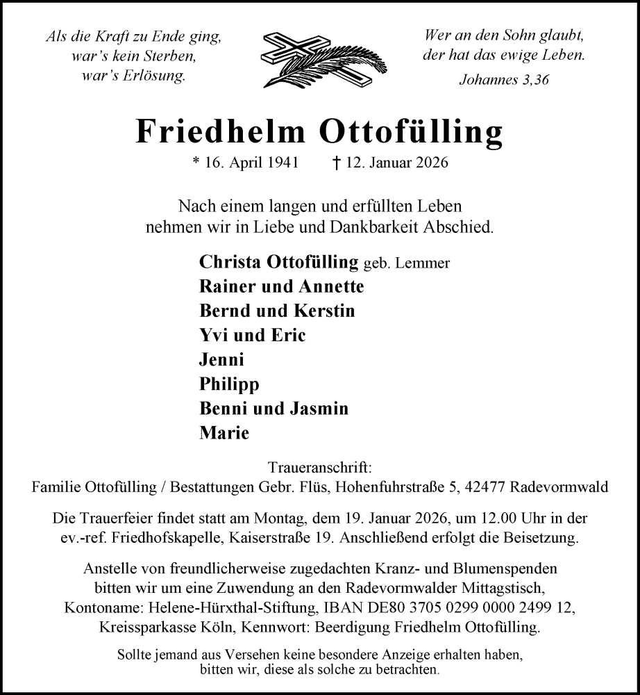  Traueranzeige für Friedhelm Ottofülling vom 15.01.2026 aus Rheinische Post