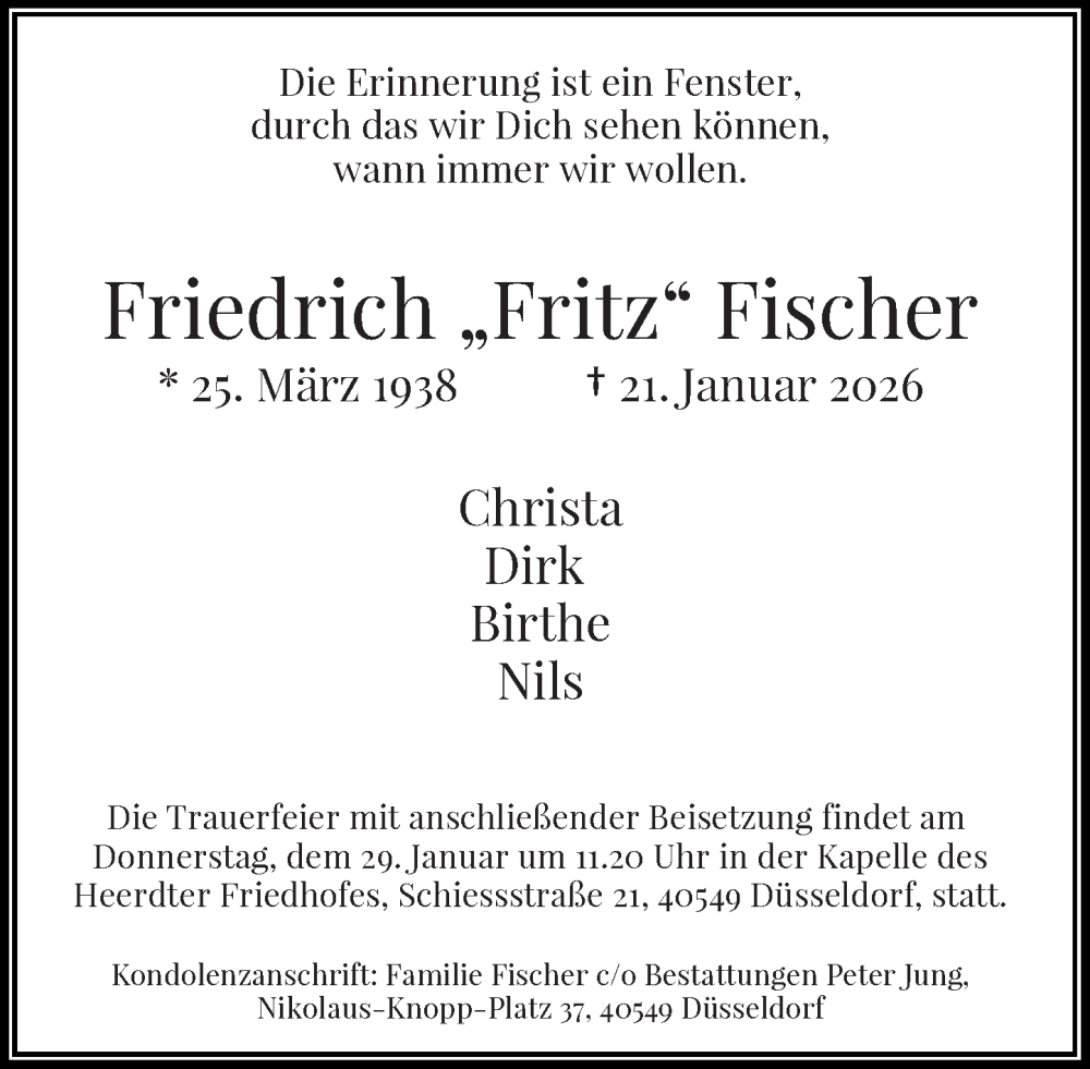  Traueranzeige für Friedrich Fischer vom 24.01.2026 aus Rheinische Post