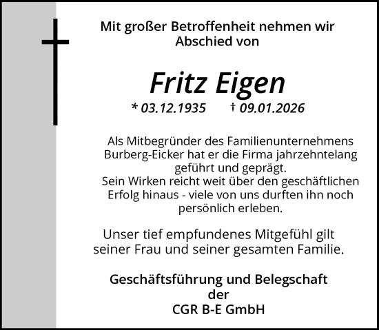 Traueranzeige von Fritz Eigen von Rheinische Post