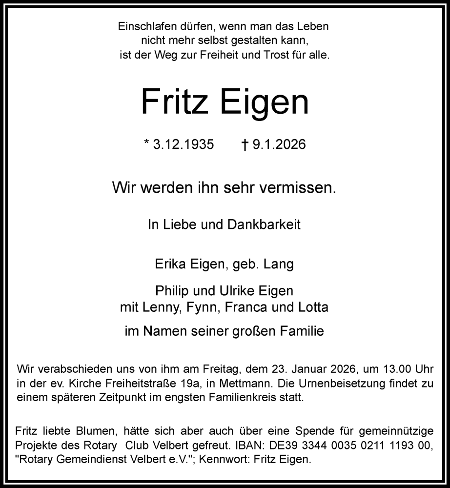  Traueranzeige für Fritz Eigen vom 17.01.2026 aus Rheinische Post