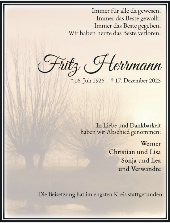 Traueranzeige von Fritz Herrmann von Rheinische Post