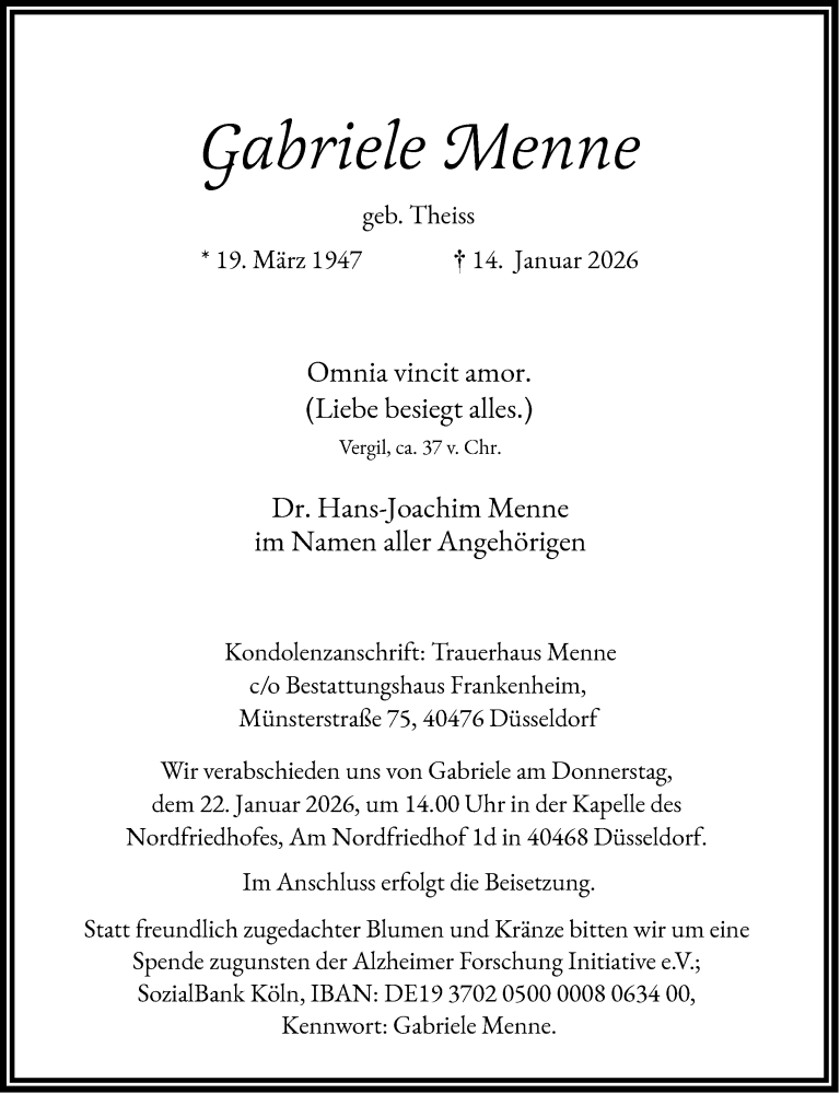  Traueranzeige für Gabriele Menne vom 17.01.2026 aus Rheinische Post