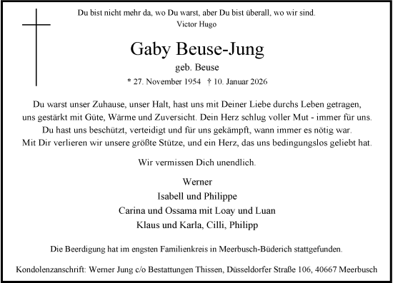 Traueranzeige von Gaby Beuse-Jung von Rheinische Post