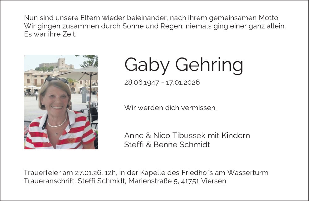  Traueranzeige für Gaby Gehring vom 24.01.2026 aus Rheinische Post
